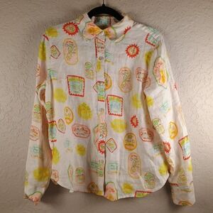 Cynthia Rowley 100% Linen Shirt Women M Olive Oil Graphic Button Up Long Sleeve